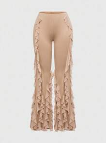 ROMWE Grunge Punk Wasteland Hippie Romantic Ruffled Hem Design Flowy Sexy Ultra Low-Rise Women's Flare Pants - Khaki - View 1