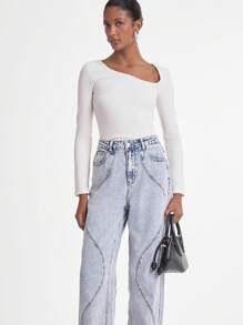 Daynim 女式休闲 S 型曲线开叉直筒宽松百搭牛仔裤 - 淺色水洗藍 - 查看 5