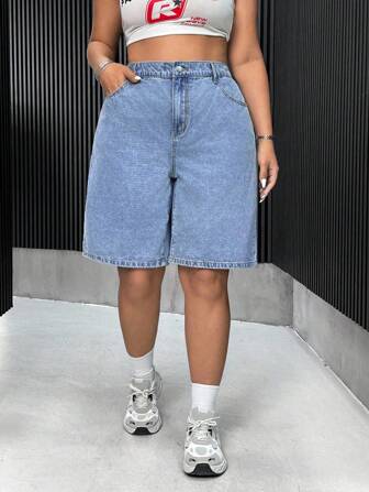 SHEIN CURVE+ 大码女式休闲宽松牛仔短裤