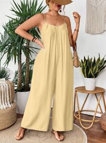 SHEIN Holidaya Plus Size Summer Solid Color Pleated Loose Slant Pocket Sleeveless Jumpsuit Summer Jumpsuit For Women Wide Leg Jumpsuit Women Casual Jumpsuit Halter Jumpsuit