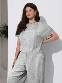 SHEIN EZwear Mono informal de manga corta acanalado de talla grande en gris, para primavera/verano