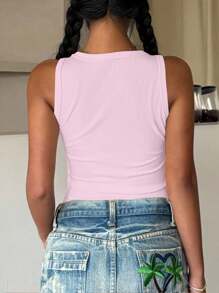 SHEIN 粉色休闲简约芙蓉花印花圆领紧身背心 - 彩色 - 查看 2
