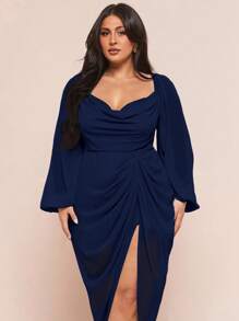 SHEIN BAE 女士加大码优雅派对/约会性感闪光亮片垂坠领口褶饰不对称下摆开衩长袖连衣裙，豌豆绿