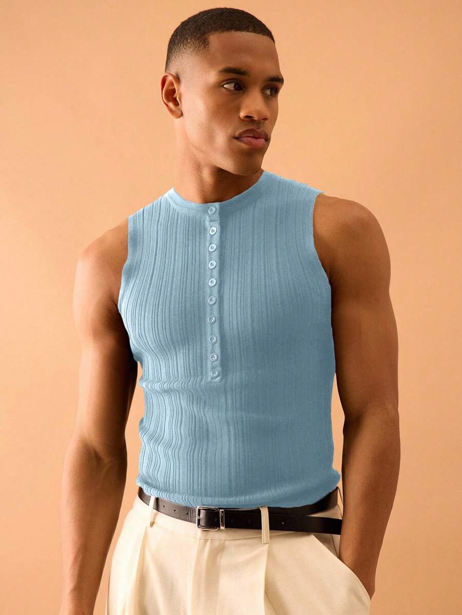 Musero Muscle Fit Front Placket Ribbed Knit Vest Summer Streetstyle Vacation Casual - Baby Blue - View 1
