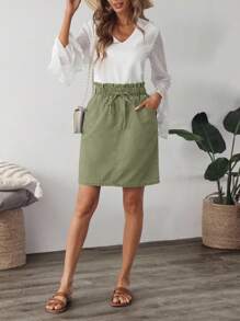 EMERY ROSE Women's Casual Solid Color Drawstring Waist Paper Bag Pocket Straight Denim Skirt, Summer