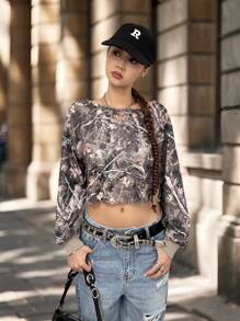 SHEIN Teen Girl Loose Casual Minimalist Comfortable Oblique Shoulder Leaf Graphic Cropped Long Sleeve Sweatshirt - Dark Green - View 6