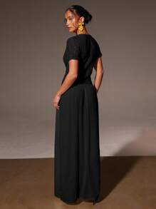 Athîral 女式夏季蕾丝拼布泡泡袖束腰连衣裙 - 黑色 - 查看 2