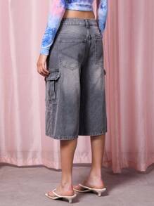 COUREZ 多口袋 Carho 牛仔短裤 / Y2K 夏季女装下装 低腰牛仔裤 棉质复古 - 深灰色 - 查看 3