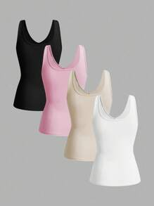 Slaydiva 4pcs V-Neck Rib Knit Camisole Vest For Women, Suitable For Summer Back To School