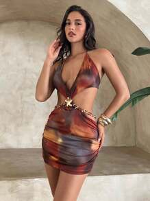 Aloruh 女士 3D 花卉印花单肩迷你修身连衣裙，度假装 - 棕色 - 查看 4