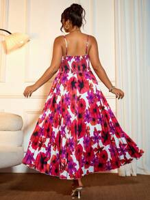 Allurite Plus Size Elegant Floral Print High-Low Hem Cami Summer Dress - Multicolor - View 2