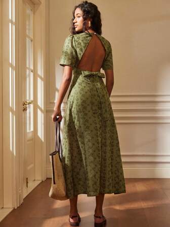 Écloséra 女式花卉印花露背优雅短袖连衣裙