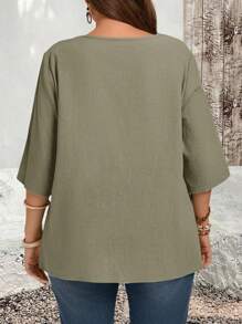 EMERY ROSE Plus Size Asymmetric Hem Green Country Shirts Fall Clothes,Teacher Shirts - Olive Green - View 2