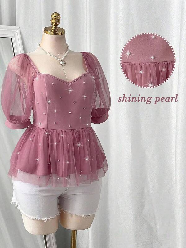 Ceyna Plus Size Women's Elegant Pearl Beaded & Mesh Splice Short Sleeve Blouse Elegant Exquisite