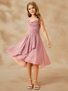 SHEIN Elegant Flower Girl Dress For Wedding, Party, Pageant, Sizes For Tween Girl, Chiffon Spaghetti Strap Ruffle Prom Gown, Girls Princess Style Ball Gown - Pink - View 3