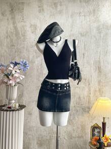Attitoon Chân váy denim nữ dáng ôm, quần jean ngắn denim tối màu phong cách đường phố, chân váy cạp siêu thấp, gợi cảm cho câu lạc bộ, chân váy phong cách đường phố, chân váy grunge, chân váy vintage, phong cách Y2K, trở lại trường học, nữ vintage, grunge, chân váy gợi cảm, chân váy Gyaru - Rửa tối - Xem 3