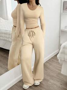 SHEIN EZwear Apricot Women Casual Pleated Crop Top & Wide-Leg Drawstring Waist Pants Set,Fall