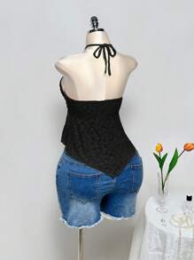 SHEIN ICON Áo crop top dệt kim jacquard màu vàng hở lưng Criss-Cross Halter cỡ lớn, phù hợp cho mùa hè, kỳ nghỉ, Y2K - màu đen - Xem 9