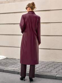 CLARA VERO 女士时尚街头时尚 PU 皮革翻领金色纽扣叶状长款风衣，时尚长款皮大衣 - 酒紅色 - 查看 2