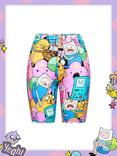 Adventure Time X ROMWE Y2K Cute And Funny Cartoon Pattern Elastic Waist Cycling Shorts For Summer