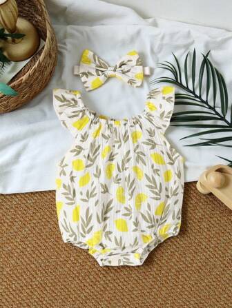 SHEIN Vintaside Kids Baby Mädchen Body mit Rüschenbesatz und Stirnband im Zitronenmuster