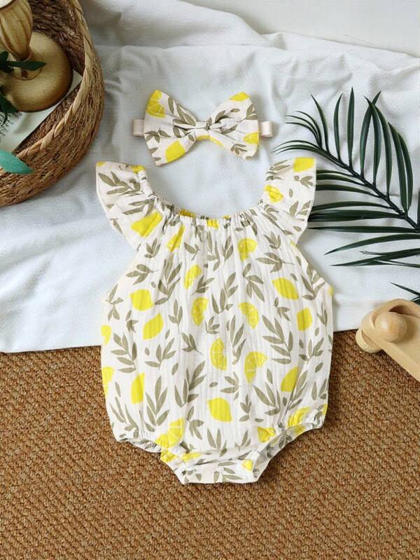 SHEIN Vintaside Kids Baby Girl Lemon Print Ruffle Trim Bodysuit & Headband