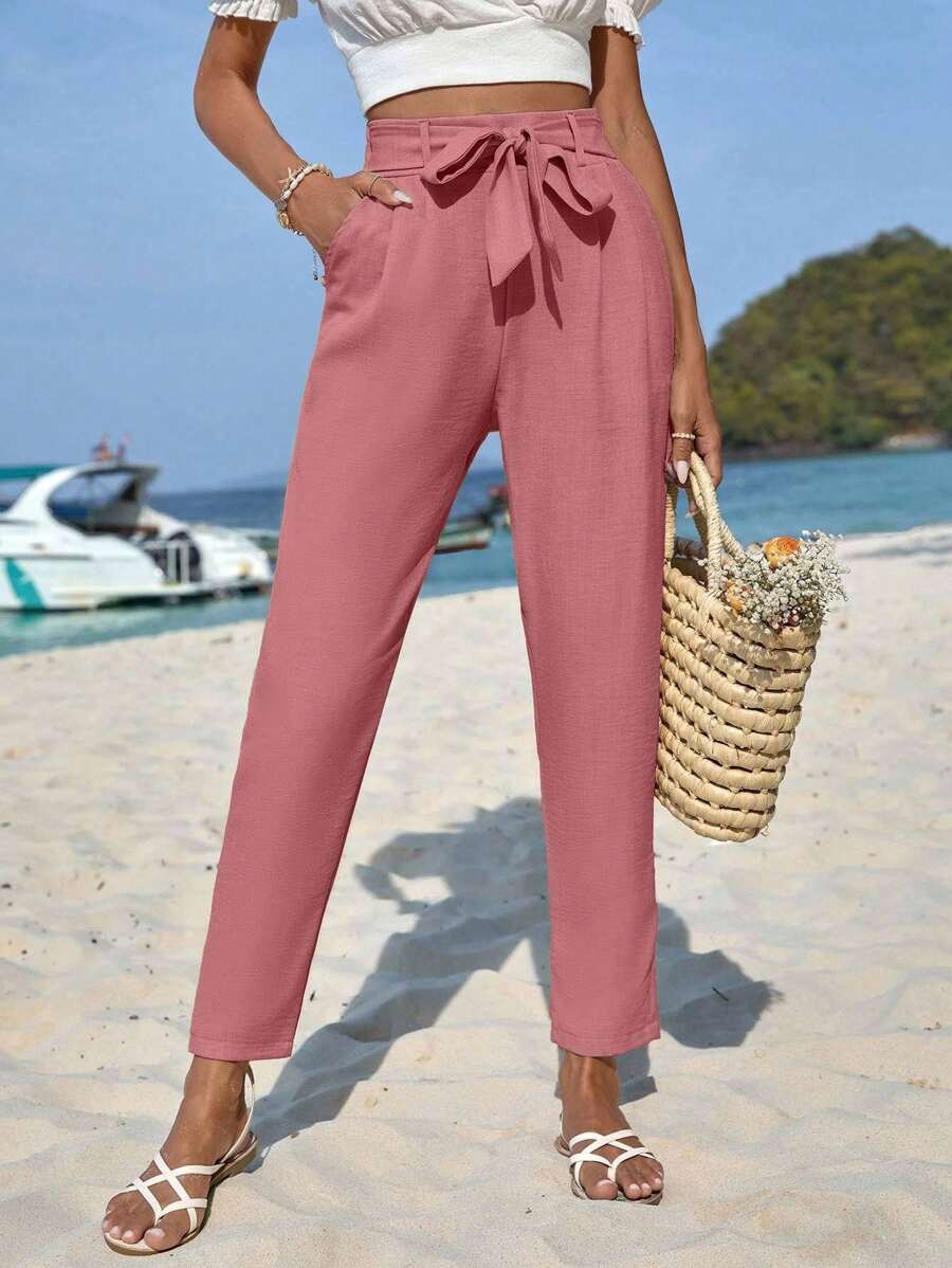 EURMUSE Solid Belted Cropped Trousers - Dusty Pink - View 1