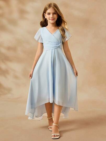 Girls' Elegant V-Neck Sleeveless High Waist Long Asymmetrical Hem Chiffon Blue Dress Fall Winter