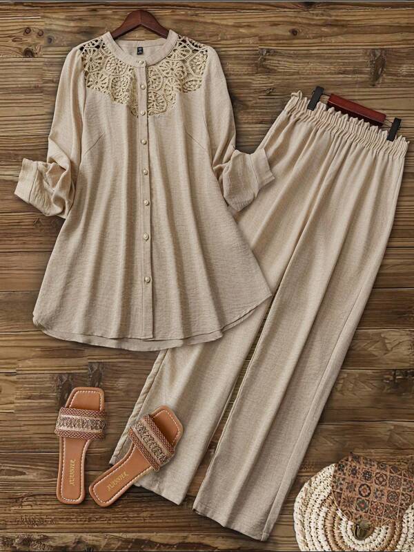 Joress Plus Size Women 2pcs Set: Linen Blend Round Neck Lace Patchwork Full Button Down Casual Shirt + Elastic Waist Loose Pants