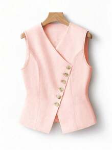 Franclia Áo khoác Blazer mỏng thời trang thanh lịch cổ chữ V cho nữ - Hồng - Xem 4
