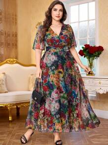 Modelyn 全新奢华优雅宽松V领短袖连衣裙 - 紅色 - 查看 4