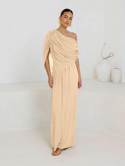 AiiRZ Elegant Draped Off Shoulder Evening Maxi Dress Asymmetric Pleated Bodice Grecian Style Floor Length Wedding Guest Formal Gown Special Occasions