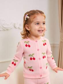 SHEIN Baby Girls Knit Sweater Co-Ord Set, Pink With Cherry Motif, Soft & Comfortable For Casual, Outdoor, Travel, Vacation, Home, Daycare, And Playtime Fall Winter