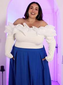 Pretty and Ole Plus Size Solid Color Pleated Skirt With Pockets Maxi Women Outfit - Blue - View 10