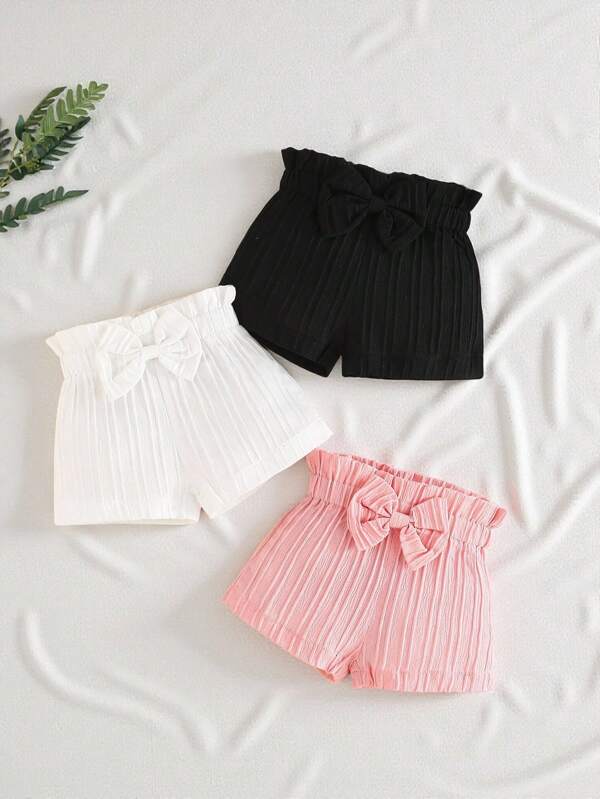 SHEIN Vintaside Kids 3 bucăți/Set pentru fetiță, cu fundiță dulce, cu imprimeu ondulat, cu talie elastică, pantaloni scurți casual, versatil în aer liber de vară