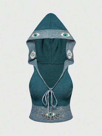 Hippie Sudadera con capucha de punto para bruja talla grande con bordado floral y ojos misteriosos, estilo boho resort