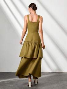 CLARA VERO Vestido largo de lino elegante con volantes en color amarillo para mujer