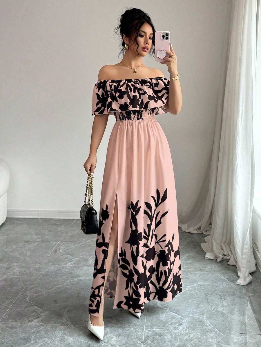Chiquease Váy midi hở vai hở vai in họa tiết kiểu Pháp thanh lịch gợi cảm dành cho nữ, trang phục mùa hè cho trường đại học - Hồng - Xem 1
