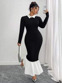 Elenzga Plus Size Elegant Color Block Patchwork Fishtail Dress
