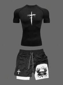 Manfinity Sport Corelite 男士十字印花短袖上衣和抽绳腰短裤运动套装 - 黑色 - 查看 1