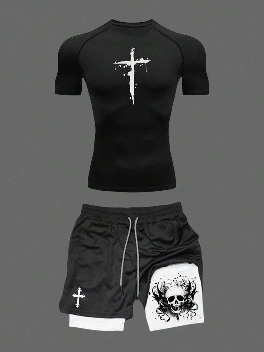 Manfinity Sport Corelite 男士十字印花短袖上衣和抽绳腰短裤运动套装 - 黑色 - 查看 1