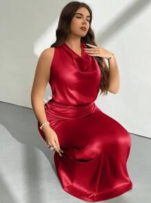 Firerie 2 件套女式缎面高领系带衬衫和褶皱长裙，情人节/音乐会/表演/约会/派对/舞会/婚礼季/性感/优雅/通勤/返校/度假/海滩/浪漫大码套装 - 紅色 - 查看 6