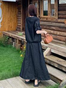 DAZY 女士休闲水洗衬衫和牛仔裙两件套 - 藍色 - 查看 6