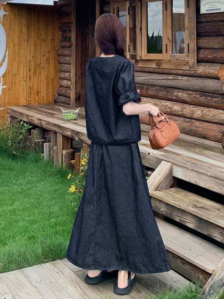 Women Casual Washed Shirt And Denim Skirt 2-Piece Set