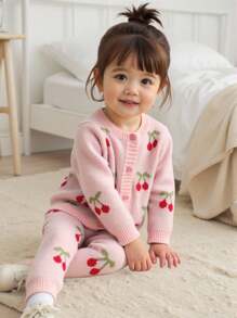 SHEIN Baby Girls Knit Sweater Co-Ord Set, Pink With Cherry Motif, Soft & Comfortable For Casual, Outdoor, Travel, Vacation, Home, Daycare, And Playtime Fall Winter
