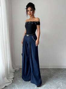 Elenzga Women Faux Pearl Studded High Waist Pleated Wide Leg Jeans - Dark Wash - View 3