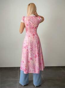 Sweetina Vintage Floral Print Long Slit Hem Women Shirt - Pink - View 2