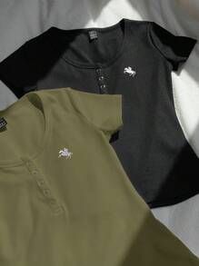 Comfortcana 2pcs/Set Summer Solid Color Henley Collar Embroidery Slim Short Sleeve T-Shirts - Army Green - View 4