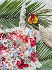 Soleia New Vacation Ruffled Front Tie Blouse For Women, Versatile & Slimming Floral Crop Top Lacey Crop Top Summer Crop Top Lace Trim Crop Top,Party - Multicolor - View 4