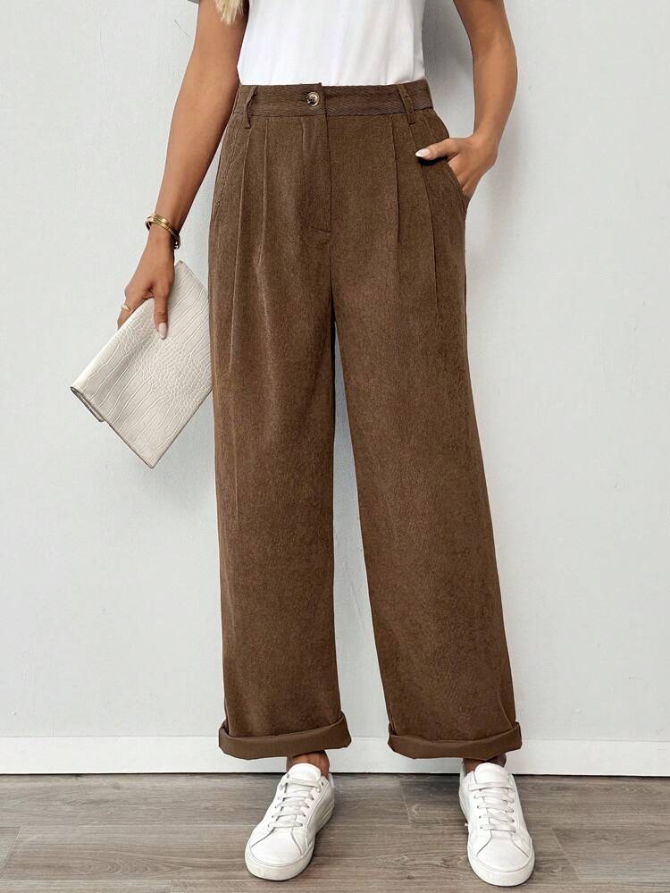 Women's Minimalist Casual Solid Color Pleated Slant Pocket Straight Leg Pants Brown Pants High Waisted Pants Wide Leg Pants Pleated Pants Brown Wide Leg Pants Pants For Women Baggy Pants Fall Women Clothes Back To School Clothes